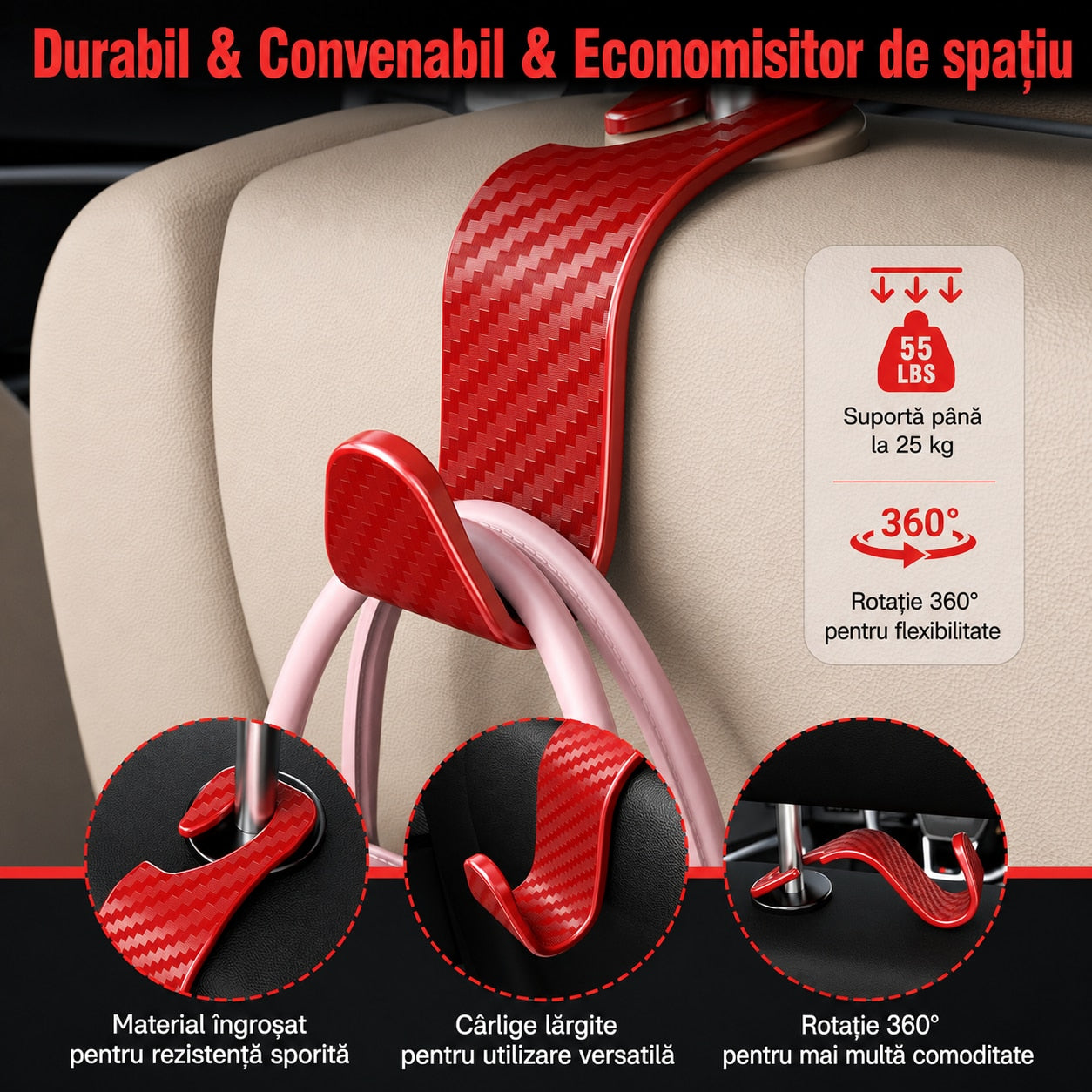 Set 4 Carlige Auto pentru Tetiera NextWave®, Organizator Universal Scaun Masina, Suport pentru Genti, Plase, Posete, Haine – imaginea 5