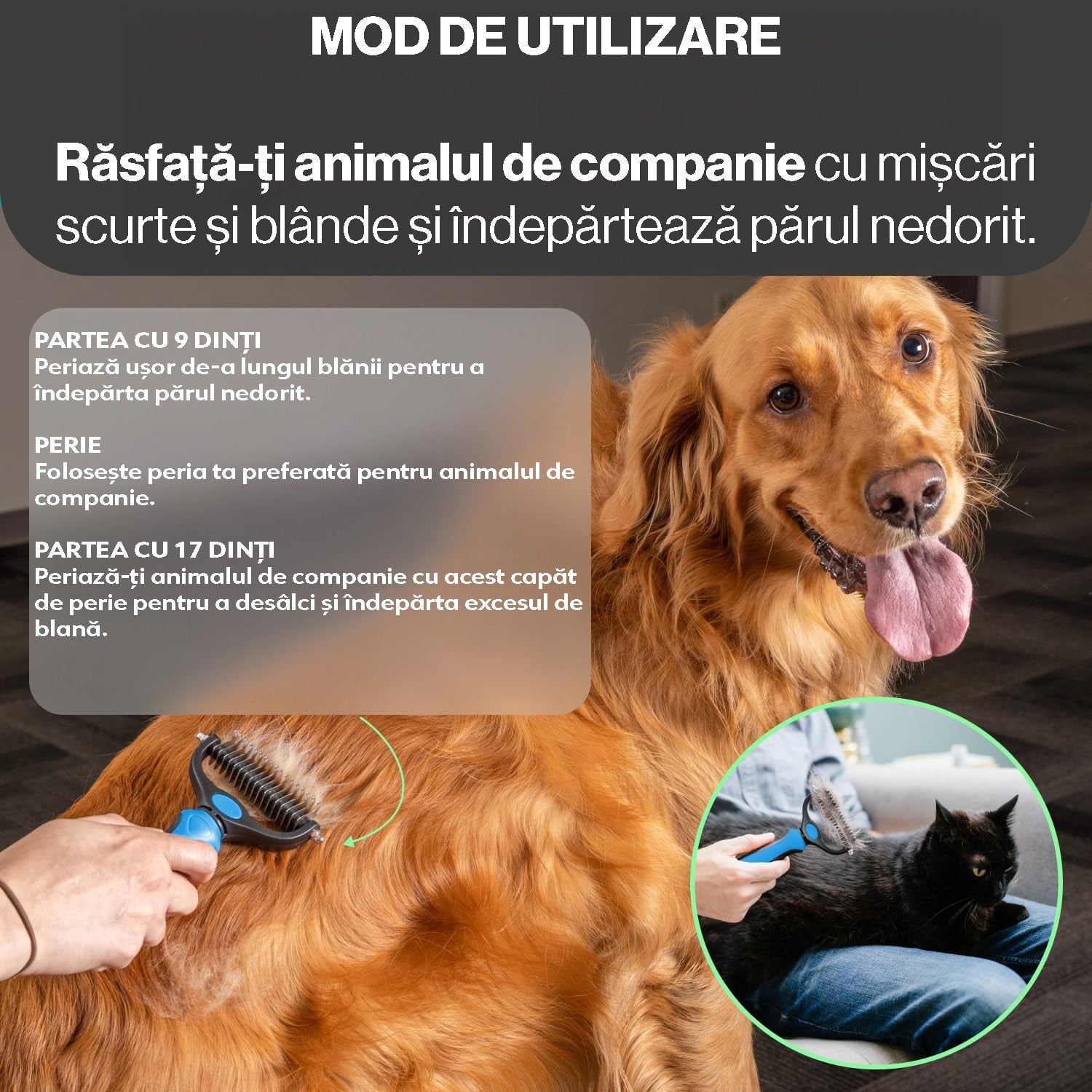 Perie profesionala NextWave® dubla pentru caini si pisici – reduce naparlirea cu pana la 95%, descurcare noduri si subtiere – imaginea 5