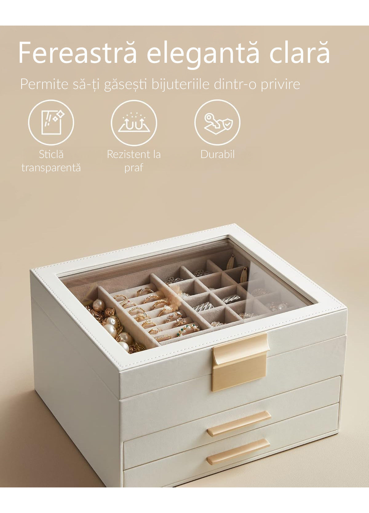 Cutie de bijuterii pe 3 niveluri cu 2 sertare, NextWave®, piele ecologica cu interior catifelat, spatii dedicate pentru – imaginea 5