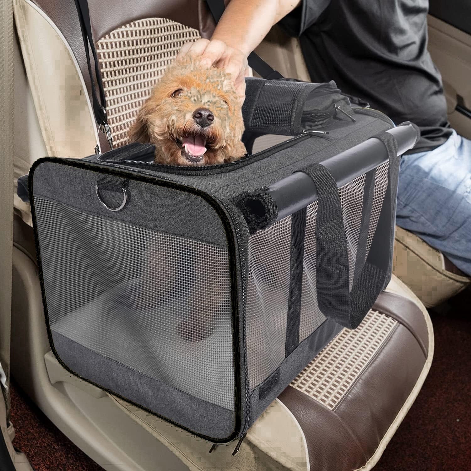 Geanta pentru transport animale mici NextWave®, pisica, caine, iepure, din panza, 46x30x30, Baza rezistenta cu covoras, Usor – imaginea 5