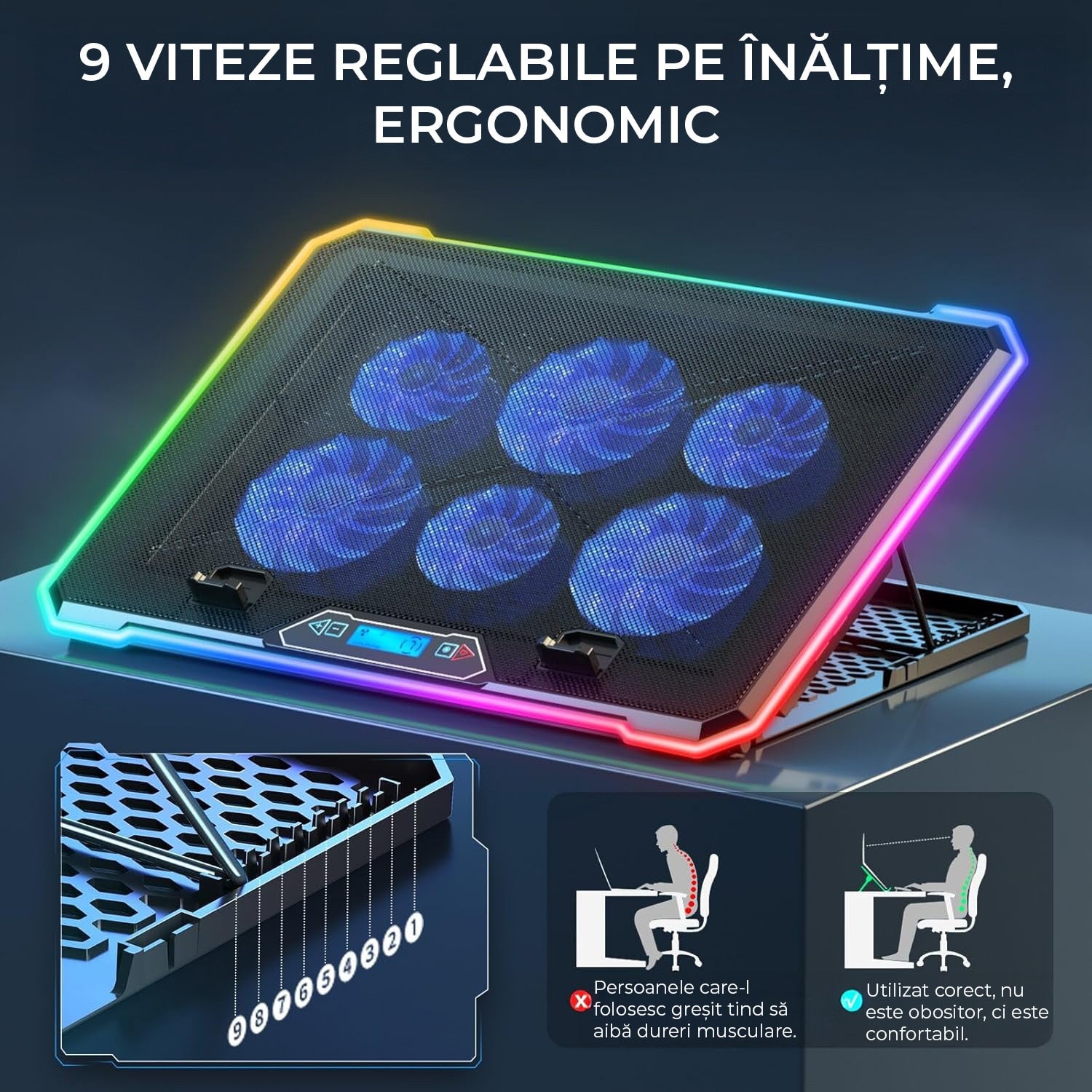 Stand De Racire pentru Laptop BeGenius® cu Suport pentru Telefon, 6 Ventilatoare ultra Silentioase, Cooler Laptop Gaming – imaginea 5