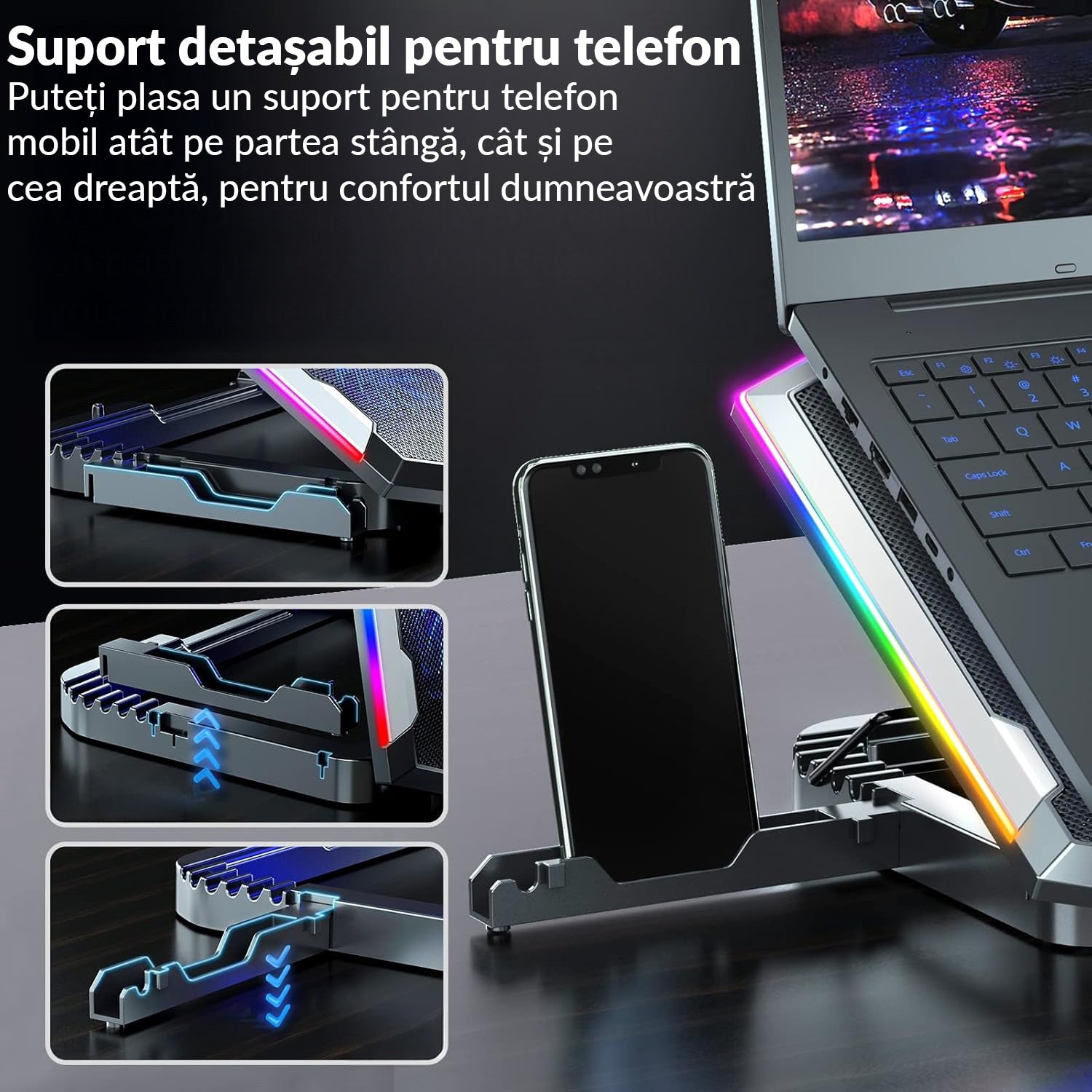 Stand De Racire pentru Laptop BeGenius® cu Suport pentru Telefon, 8 Ventilatoare ultra Silentioase, Cooler Laptop Gaming – imaginea 5