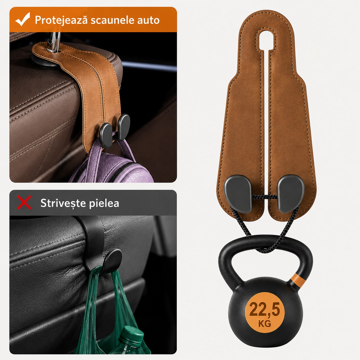 Set 2 carlige auto duble pentru tetiera NextWave®, pentru genti, sacose, haine si accesorii, aliaj de aluminiu-magneziu cu – imaginea 5