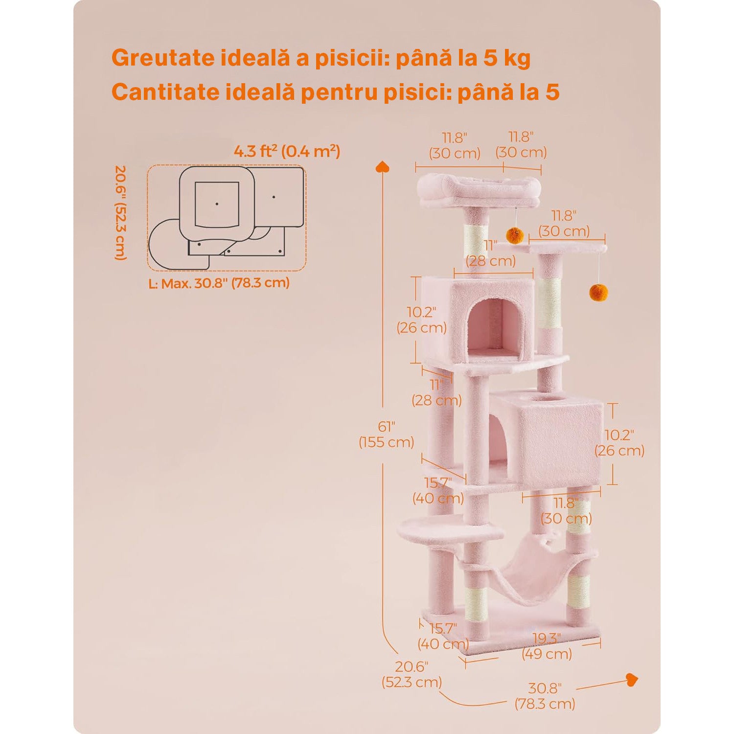 Ansamblu de Joaca pentru Pisici NextWave®, tip turn, 2 platforme de observatie, 3 niveluri, 2 casuta, 5 stalpi pentru – imaginea 5