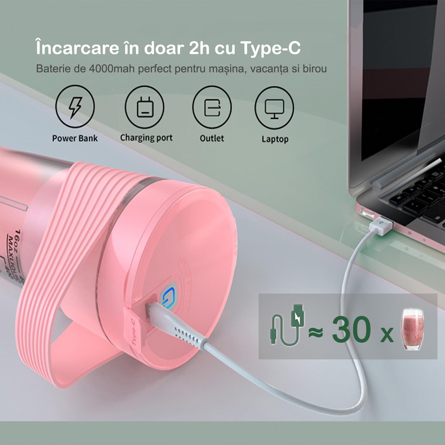 Mini Blender Electric NextWave™, Portabil, Multifunctional, Auto-curatare, Autonomie Mare 40 utilizari, Baterie – imaginea 5