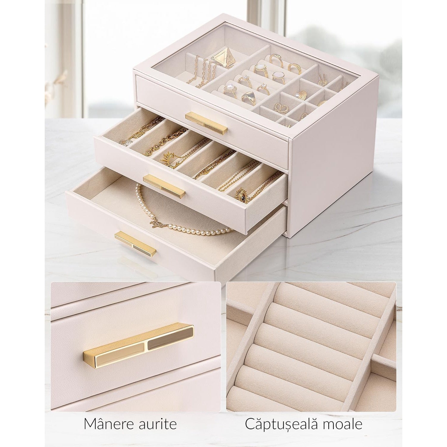Cutie de bijuterii, organizator cu capac transparent, spatiu de depozitare 3 sertare pentru coliere, inele, cercei – imaginea 5