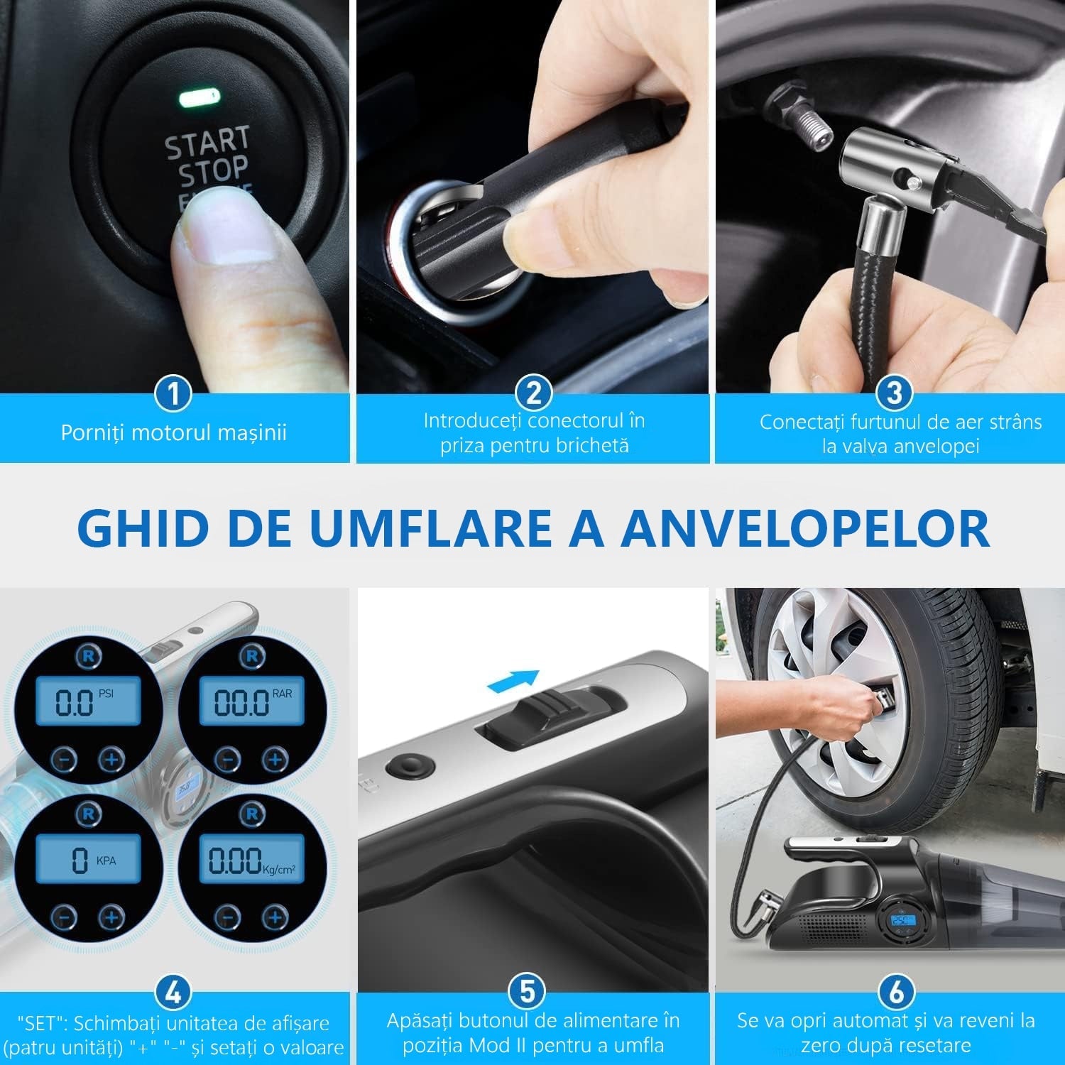 Aspirator Auto si Compresor Portabil Multifunctional cu Acumulator, Functie de Aspirare Umeda si Uscata, Umflare Roti cu – imaginea 5
