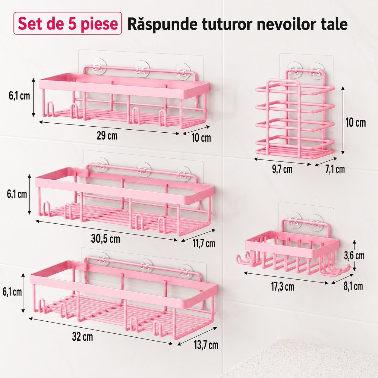 Raft de baie NextWave®, set 5 piese cu 3 etajere pentru dus, 1 suport pentru sapun si 1 suport pentru periute de dinti, din – imaginea 5