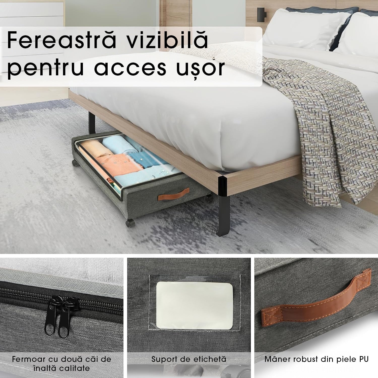 Set de 2 Organizatoare sub pat cu roti NextWave®️, capacitate mare, organizarea pantofilor, hainelor si paturilor – imaginea 5