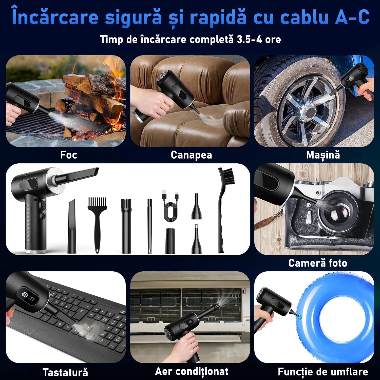 Suflanta aer si Aspirator fara Fir, 2-1 cu Acumulat, pentru Indepartare Praf PC, Par de animale, Tastatura, Gratar, Canapea – imaginea 5