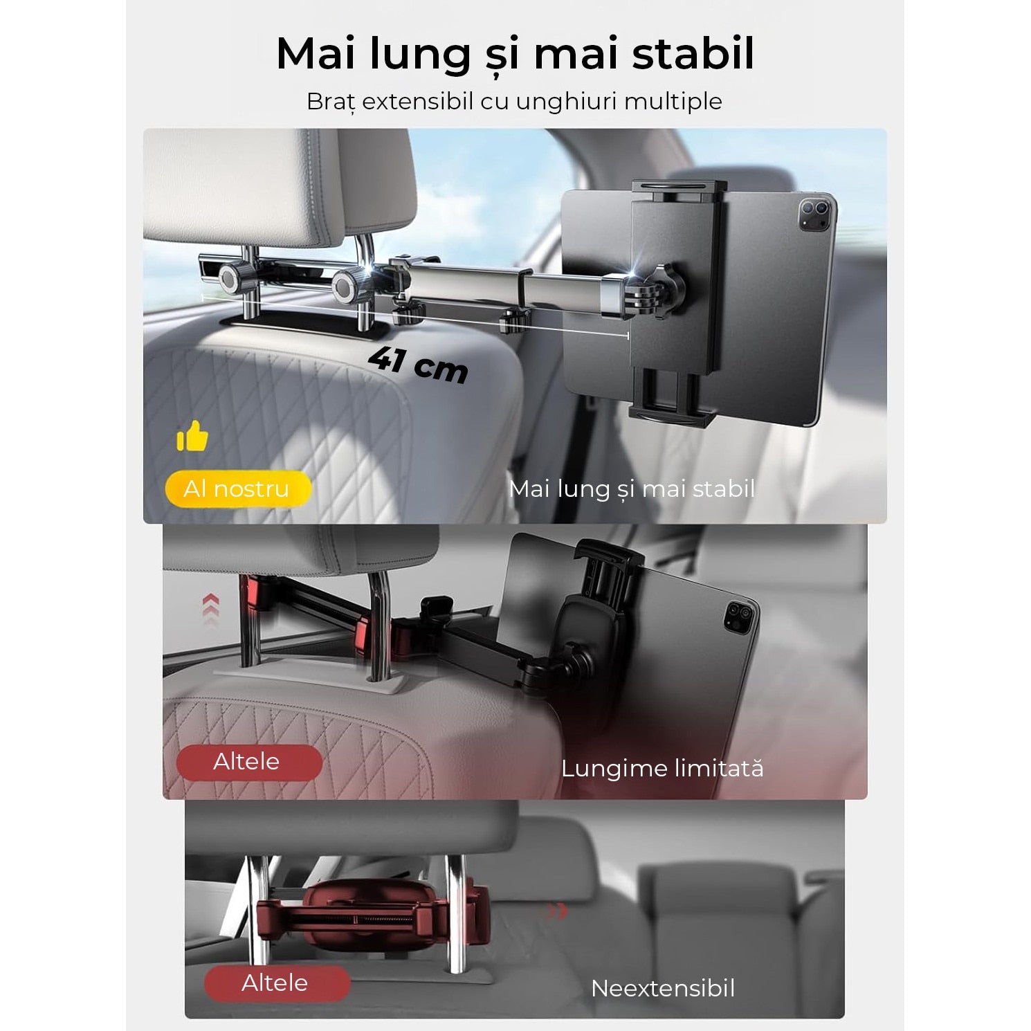 Suport auto tetiera NextWave®️, reglabil pe 3 axe pentru tablete si telefoane 4,7–11 inch, sistem metalic pliabil cu – imaginea 5