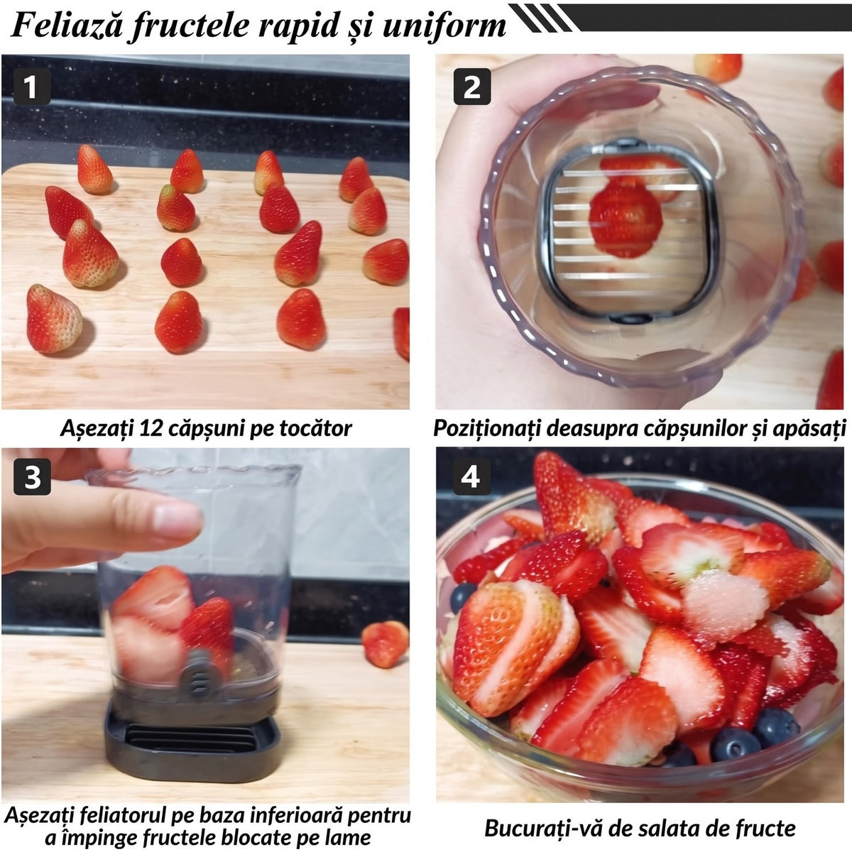 Feliator pentru fructe si capsuni NextWave®️, taiere rapida si uniforma in 8 felii, baza cu placa de impingere, lama – imaginea 5