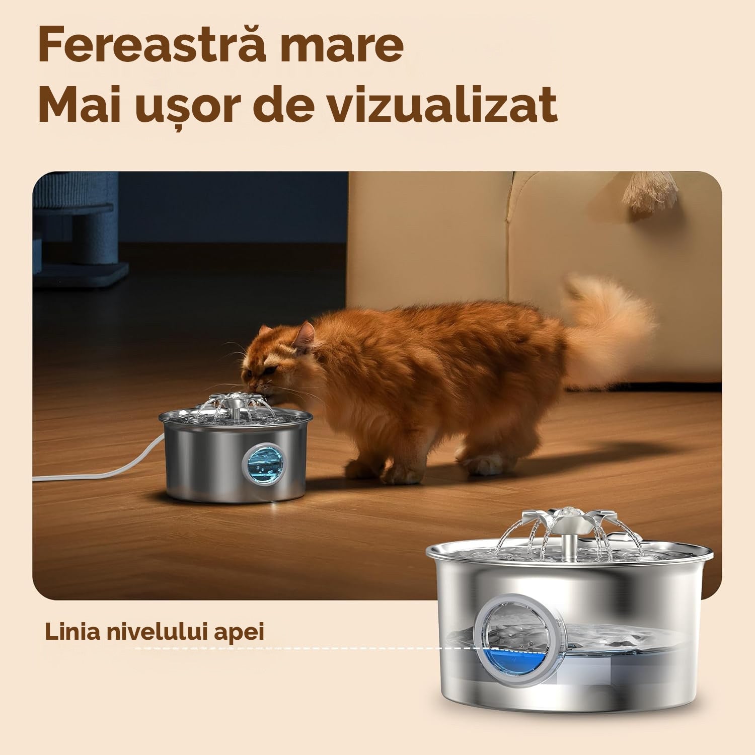 Fantana Apa Pisici si Caini NextWave®, Dispenser Automat din Otel Inoxidabil, Capacitate 2.6L, Fereastra Nivel Apa, Jet – imaginea 5