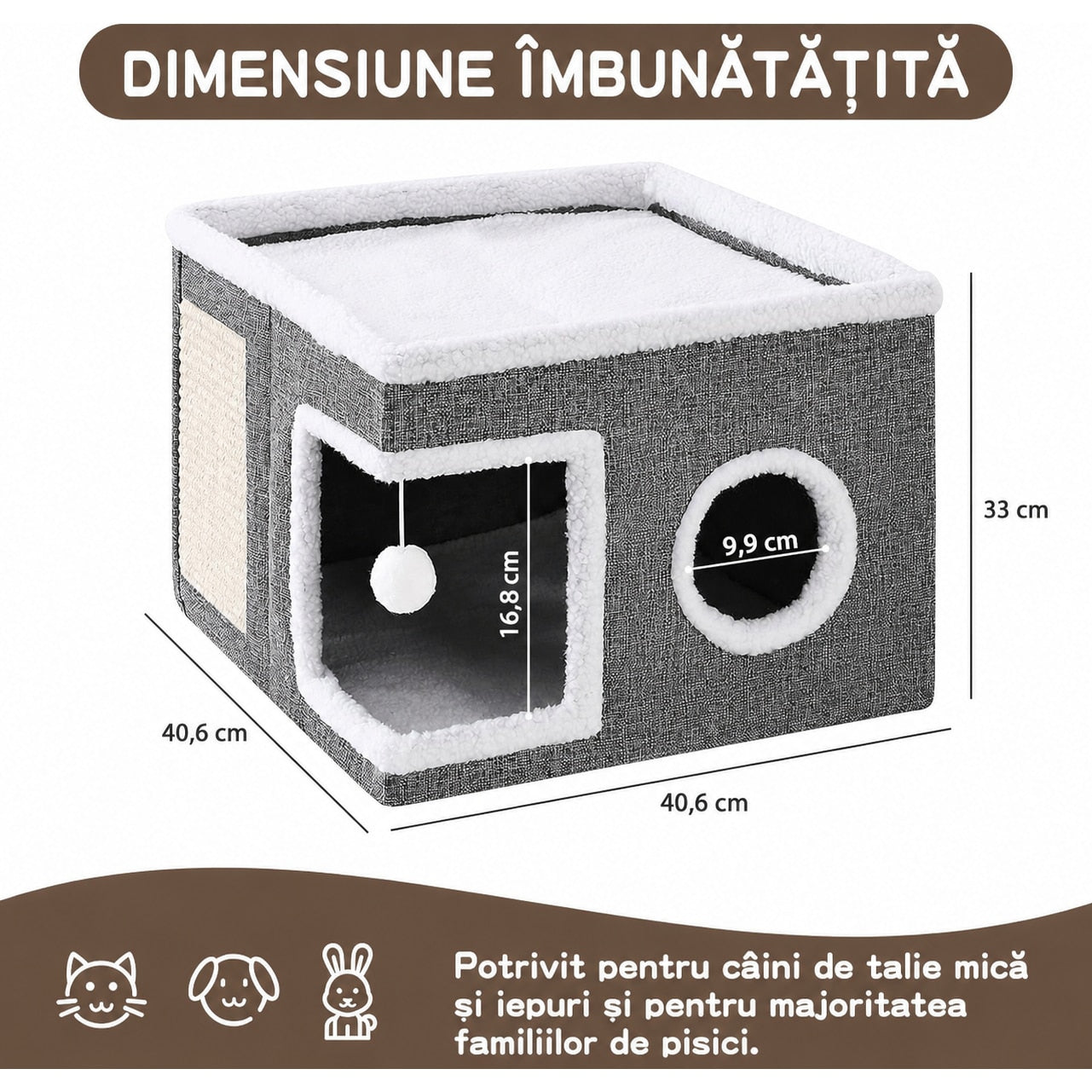Casa Pisici NextWave®, Casuta Pliabila Tip Pestera, Pat Interior cu Platforma Superioara, Ansamblu de Zgariat Sisal, Minge – imaginea 5