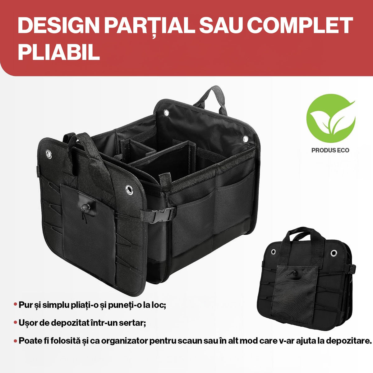 Organizator portbagaj auto pliabil NextWave®️ L, compartimentare personalizabila cu subdivizor detasabil, 2 buzunare mari – imaginea 5