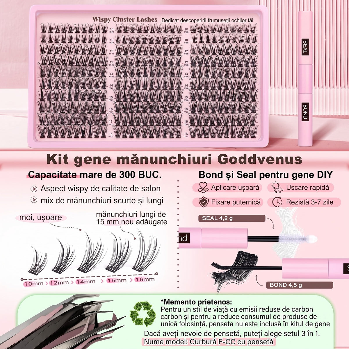 Kit extensii gene false tip mănunchiuri NextWave®️, aspect natural Wispy cu efect 3D, adeziv Bond și Seal rezistent 3-7 – imaginea 5
