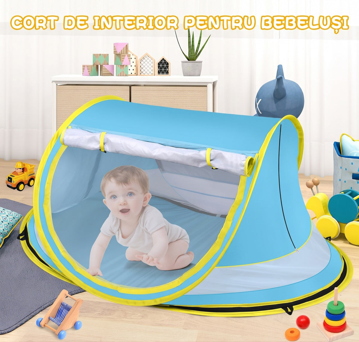 Cort de plaja pentru bebelusi NextWave®️, protectie solara UPF 50+, deschidere rapida pop-up, plasa respirabila pentru – imaginea 5