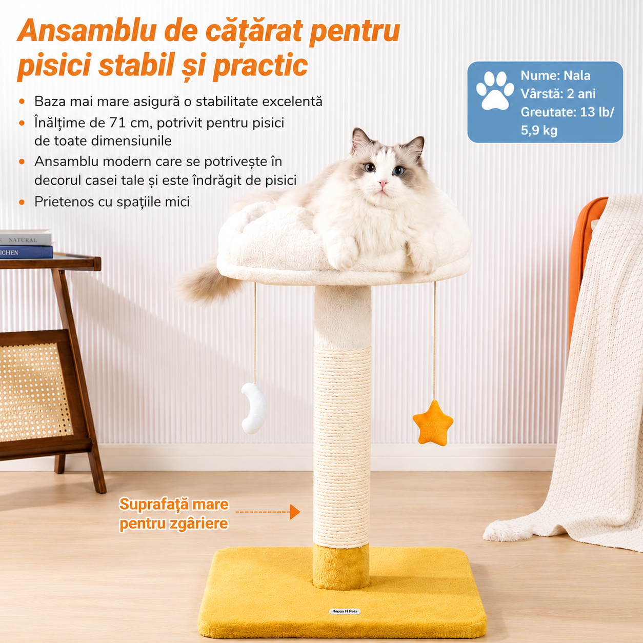 Ansamblu de joaca pentru pisici NextWave®, cu pat moale in forma de nor si husa detasabila lavabila, stalp gros de zgariat – imaginea 5