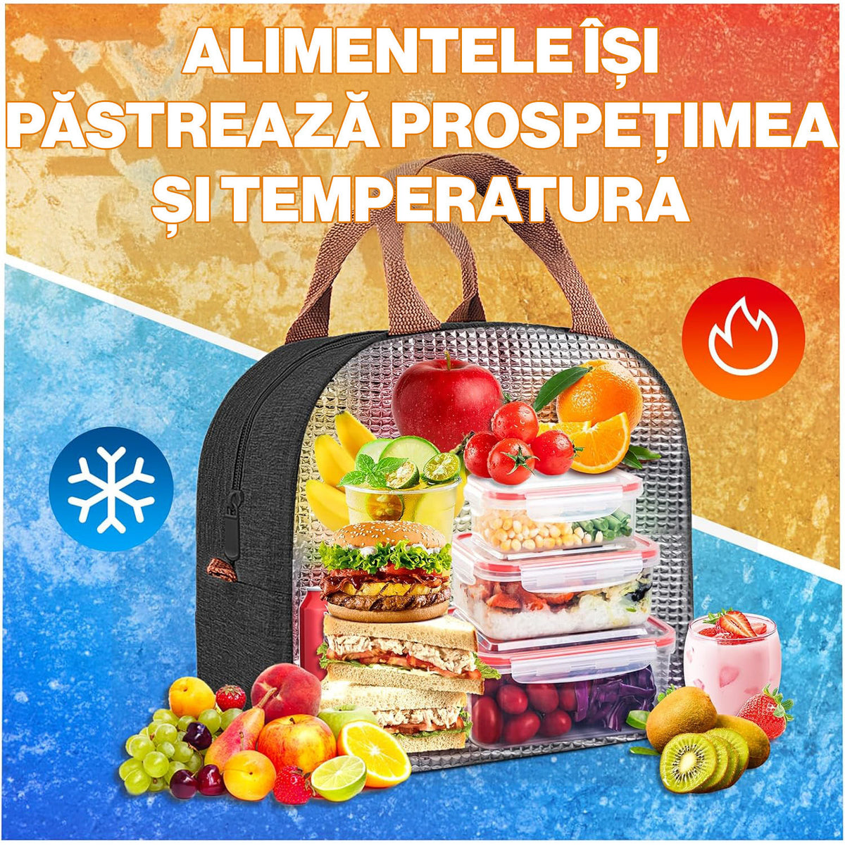 Geanta termoizolanta pranz NextWave, impermeabila, material Oxford, negru, 26×23×15 cm – imaginea 5