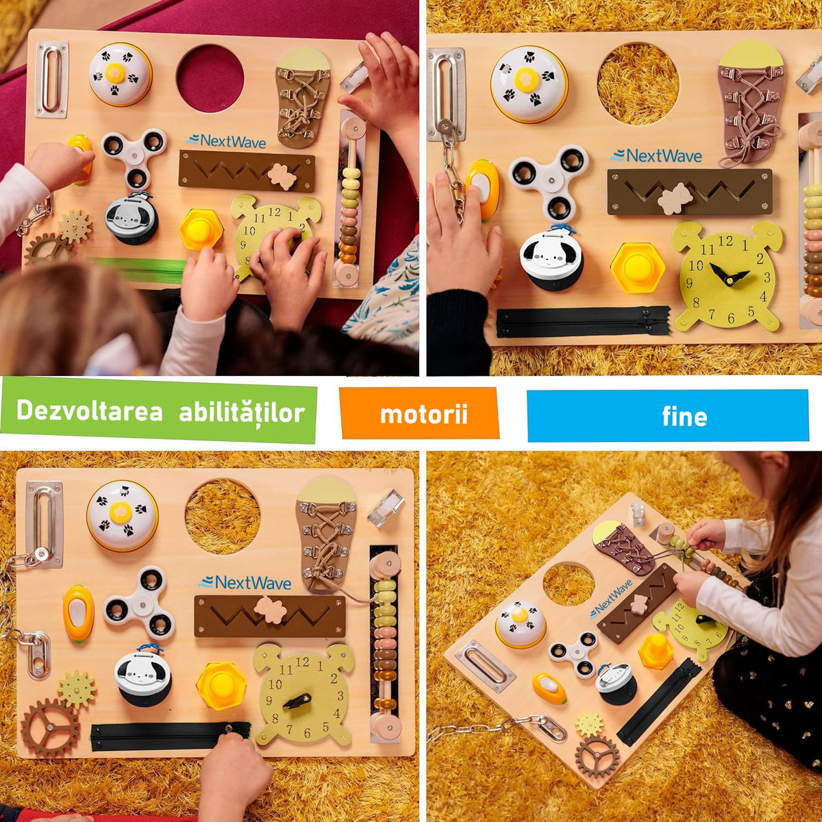 Placa educativa din lemn NextWave® tip Montessori – jucarie senzoriala cu 14 activitati interactive pentru stimularea – imaginea 6
