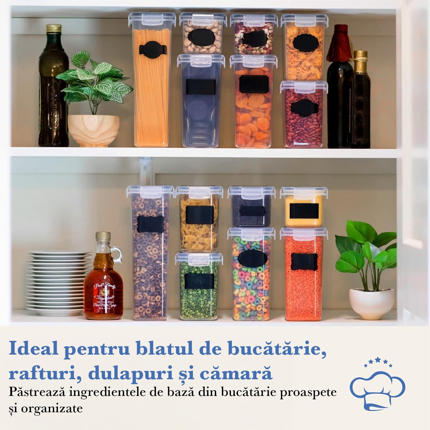Set 14 recipiente depozitare alimente NextWave® – plastic alimentar transparent fara BPA, capace negre etanse, utilizabile – imaginea 6