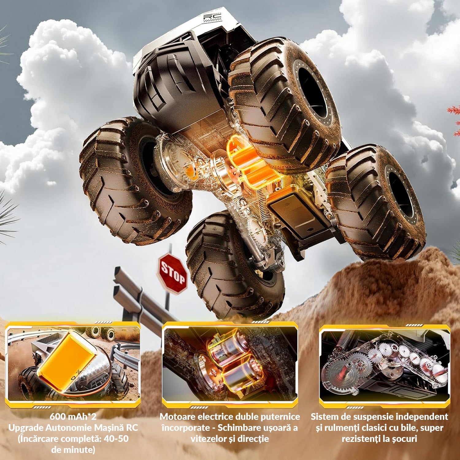 Masina cu telecomanda RC Cybertruck BeGenius®, 4WD Off-Road 1:16, Pentru Toate Tipurile de Teren, 360° Drift, Baterii tip – imaginea 6