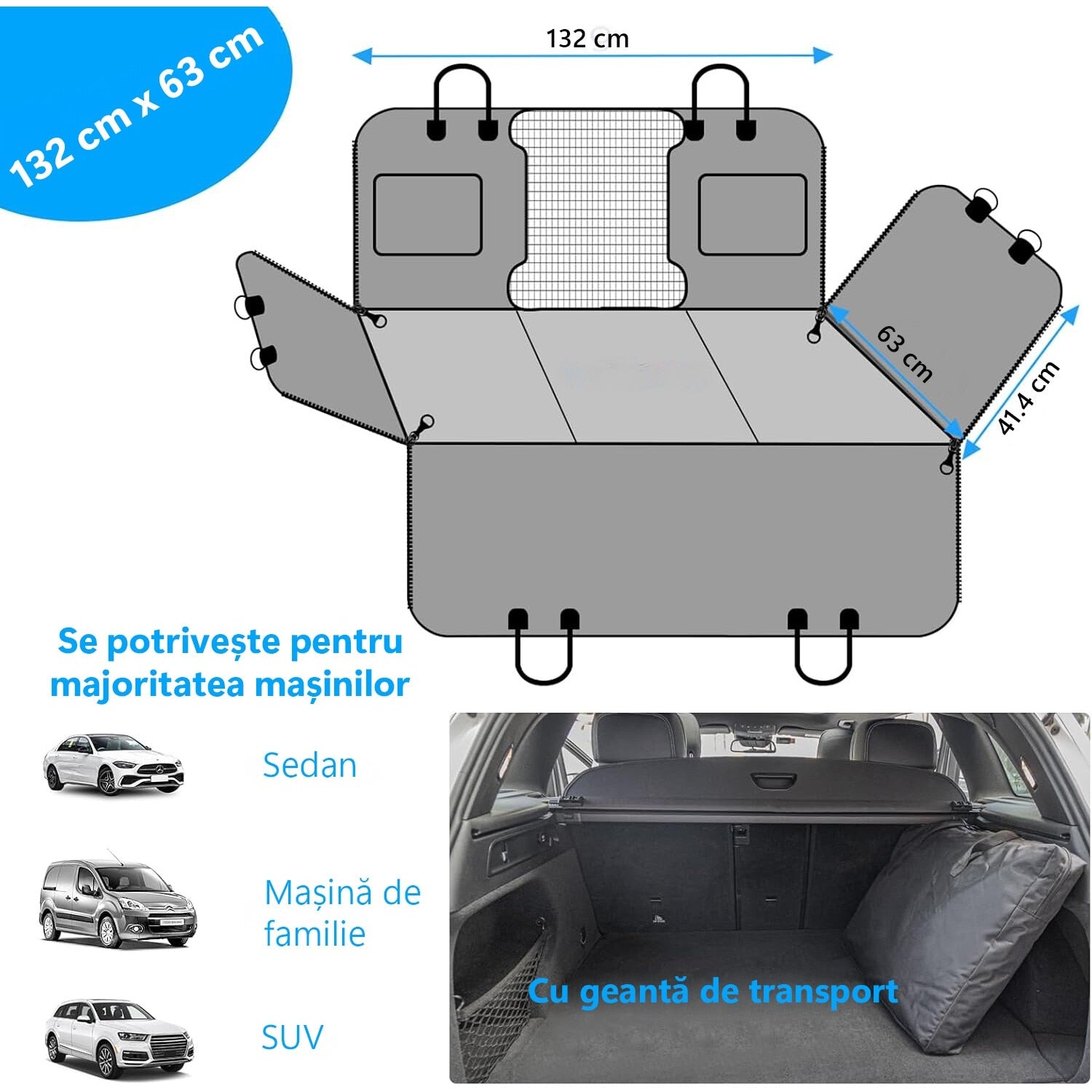 Husa scaune auto protectie si transport animale extinsa NextWave®️, insertie 3 placi pentru caini, pisici de toate taliile – imaginea 6