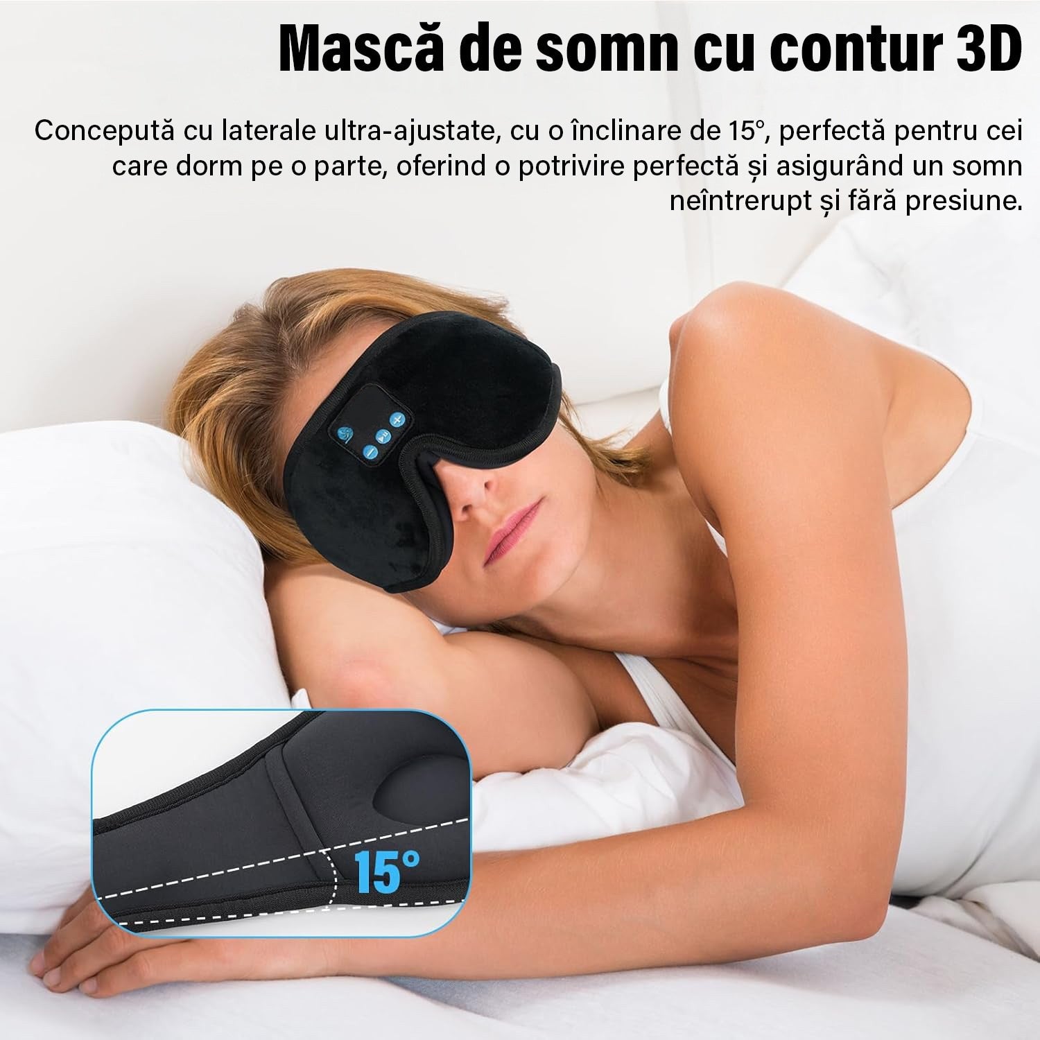 Masca de somn cu casti Bluetooth NextWave, design 3D, sunet stereo HD, negru, 24,9x10,7x3,4cm – imaginea 6