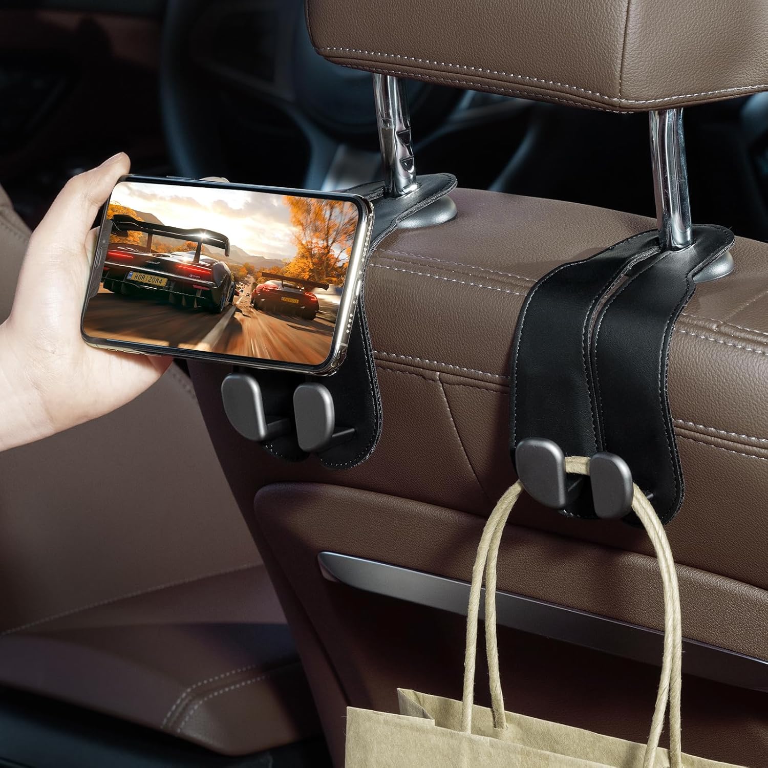 Set 2 carlige auto duble pentru tetiera NextWave®, pentru genti, sacose, haine si accesorii, aliaj de aluminiu-magneziu cu – imaginea 6