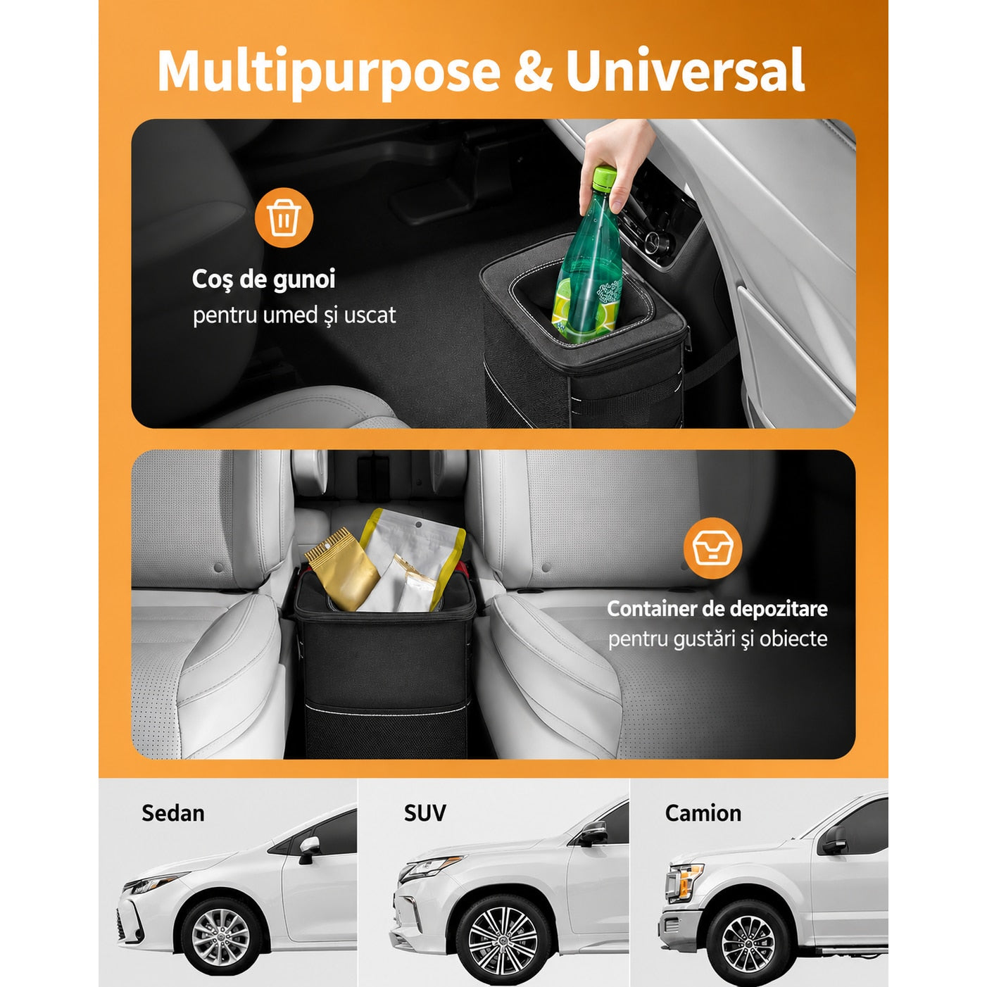 Cos de gunoi auto NextWave®, pliabil si impermeabil, capacitate 7, 6 L, curea reglabila pentru tetiera sau consola, 4 capse – imaginea 6