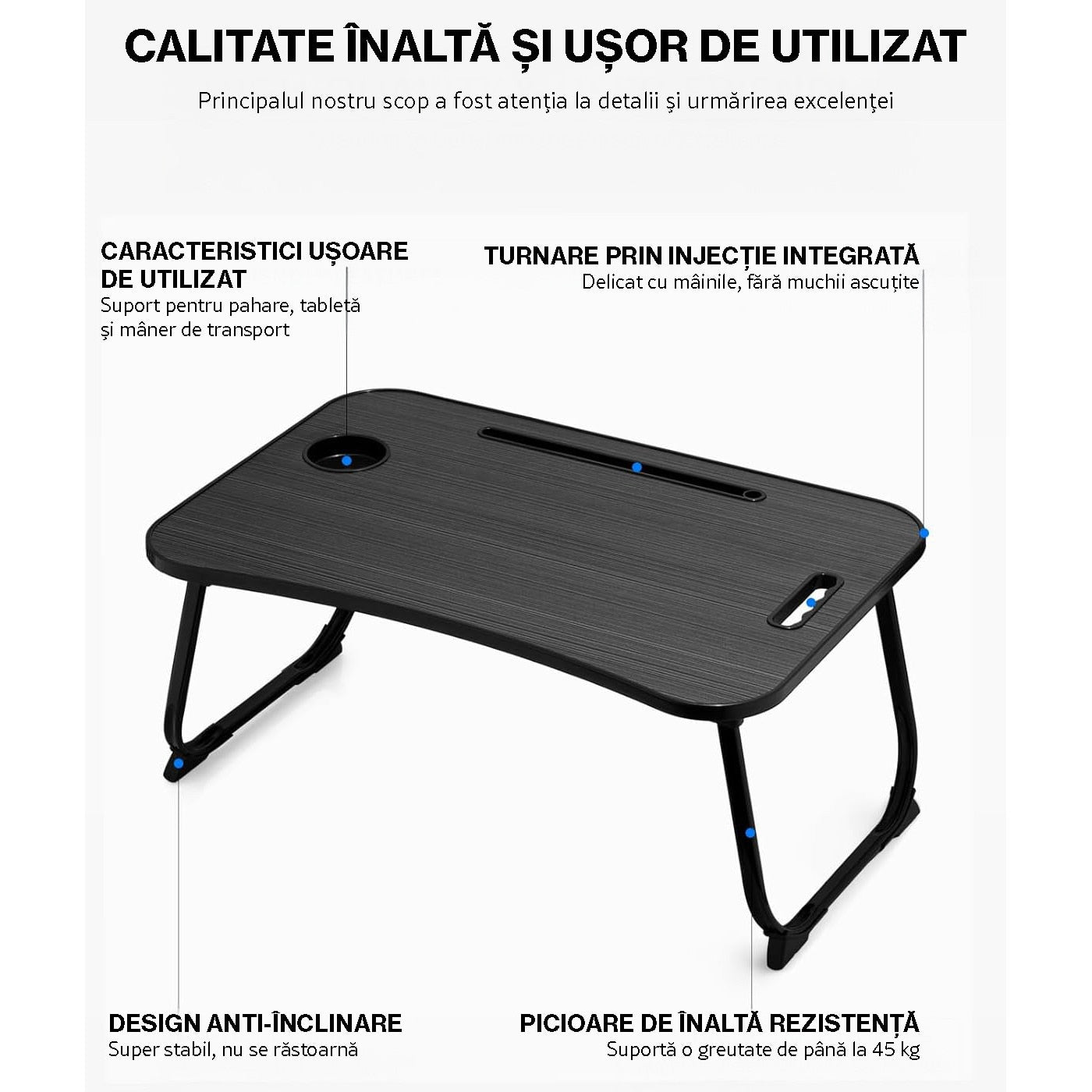 NextWave® Masa Portabila pentru Laptop 60×40 cm, Birou Lap Table pliabil cu Perna, Suport Pahar & Slot Tableta, maner de – imaginea 6