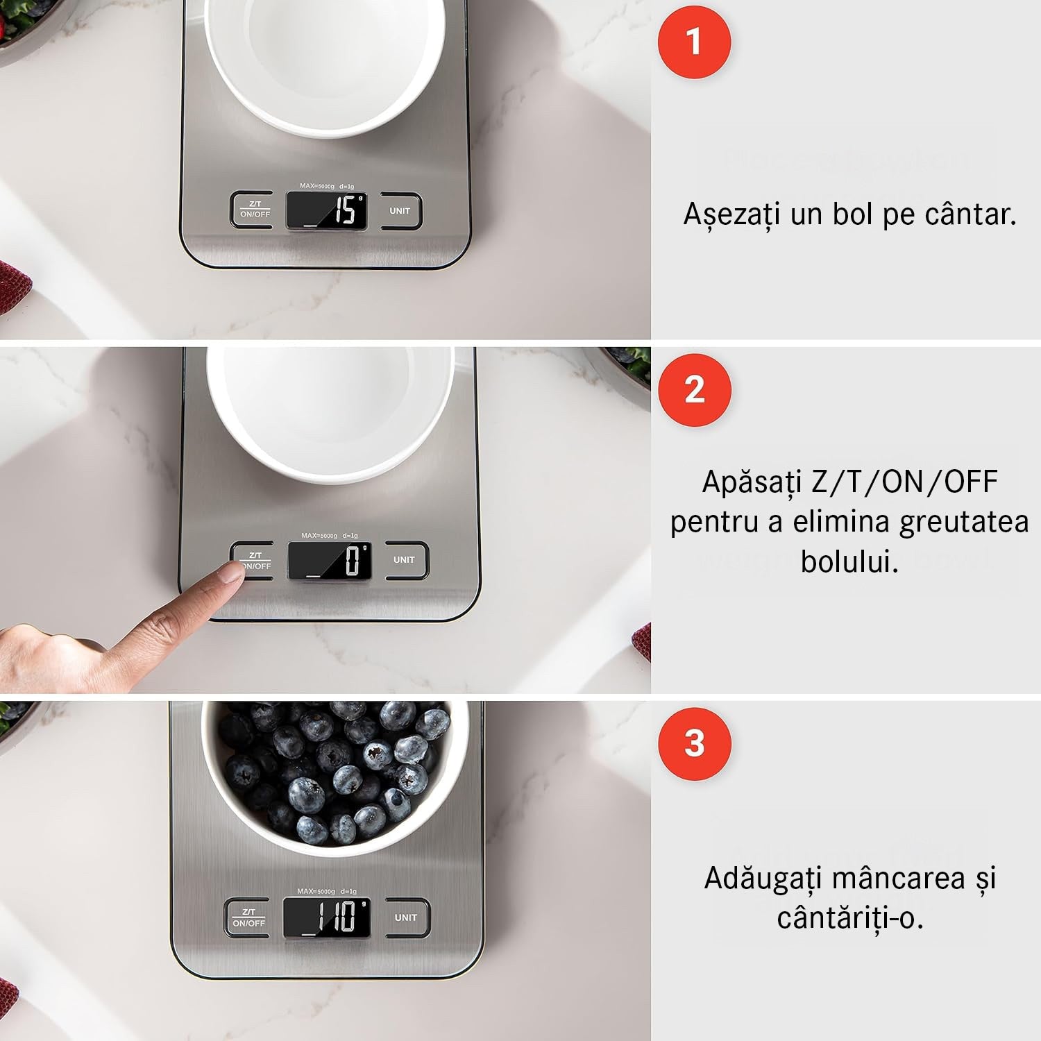 Cantar de bucatarie digital NextWave® din otel inoxidabil 304 – capacitate 5 kg cu precizie de 1 g, display LCD iluminat, 5 – imaginea 6