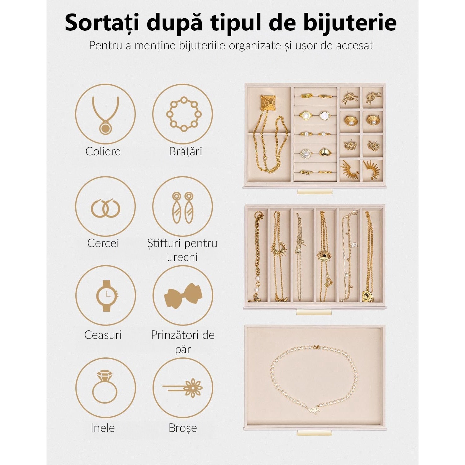 Cutie de bijuterii, organizator cu capac transparent, spatiu de depozitare 3 sertare pentru coliere, inele, cercei – imaginea 6