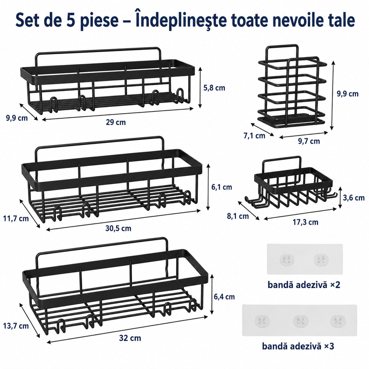 Raft de baie NextWave® la set, 5 piese cu 3 etajere pentru dus, 1 suport pentru sapun si 1 suport pentru periute de dinti – imaginea 6