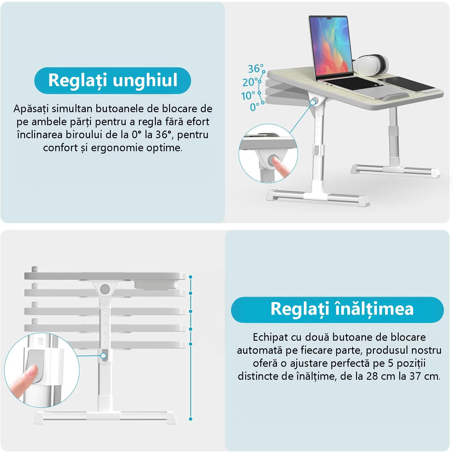 NextWave® Masa laptop pliabila si reglabila – stand multifunctional portabil pentru pat, canapea si birou, 60x40 cm, cu – imaginea 6
