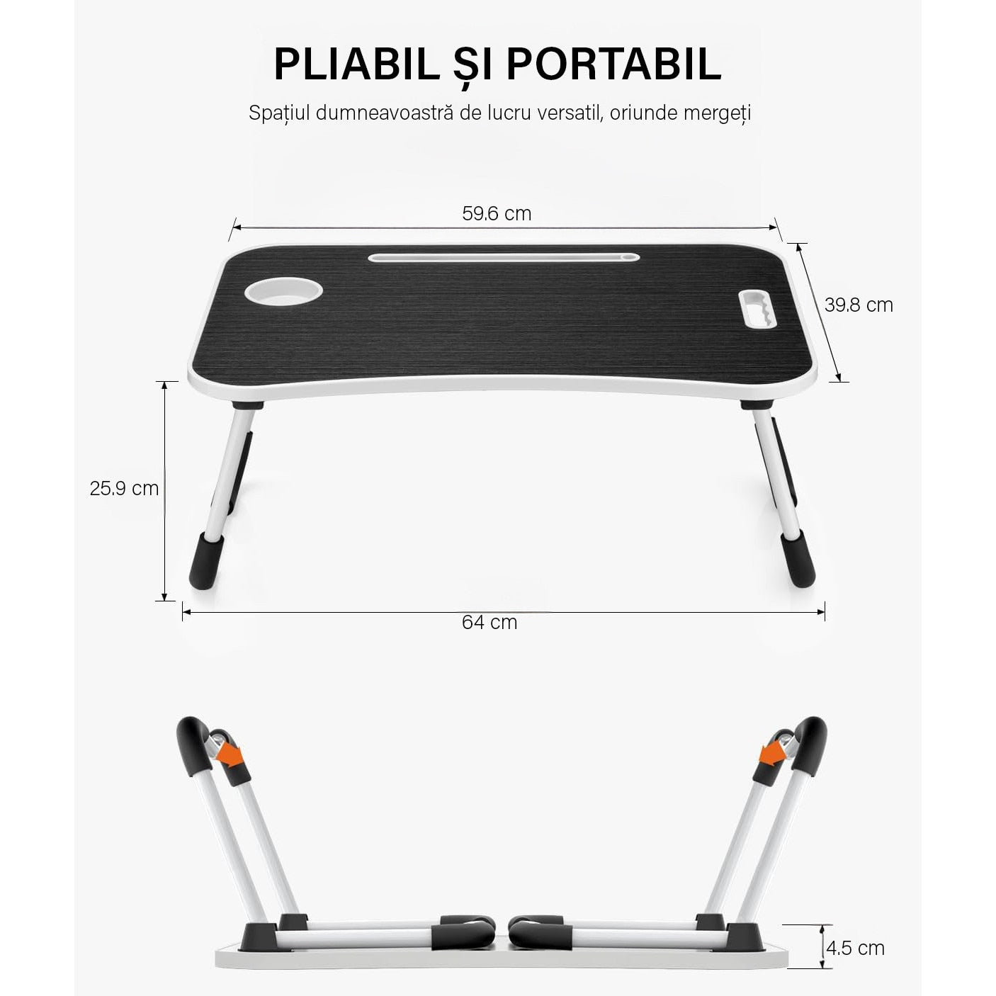 NextWave® Masa Portabila si Pliabila pentru Laptop 60×40 cm, Birou Lap Table pliabil cu Perna, Suport Pahar & Slot Tableta – imaginea 6