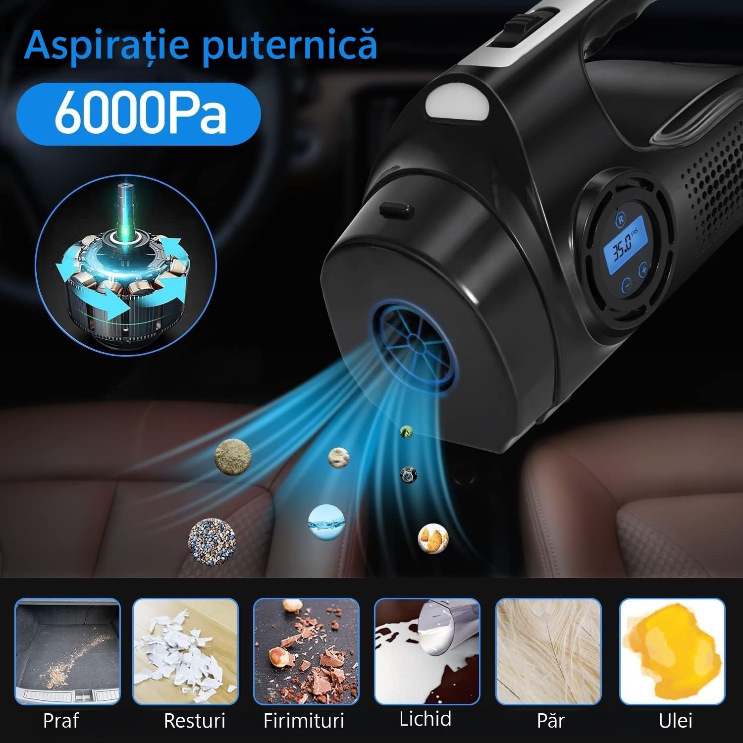 Aspirator Auto si Compresor Portabil Multifunctional cu Acumulator, Functie de Aspirare Umeda si Uscata, Umflare Roti cu – imaginea 6