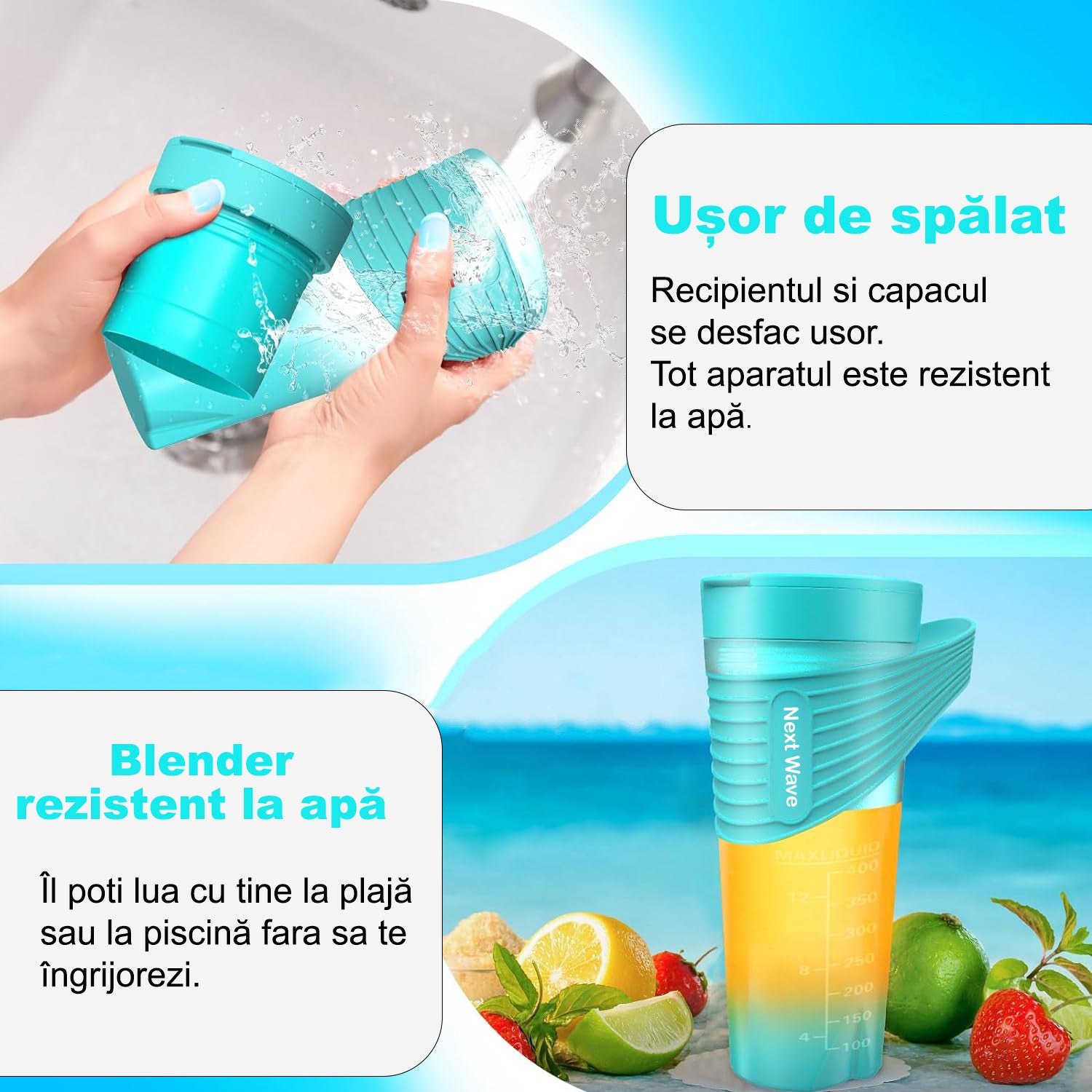 Mini Blender Electric NextWave™, Portabil, Multifunctional, Auto-curatare, Autonomie Mare 40 utilizari, Baterie – imaginea 6
