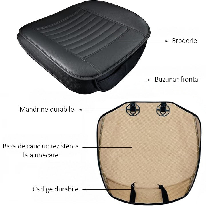 Husa scaun auto NextWave®️, universala, 53 x 53 cm, protectie pentru sezut scaun fata, piele PU, design elegant cu buzunar – imaginea 6