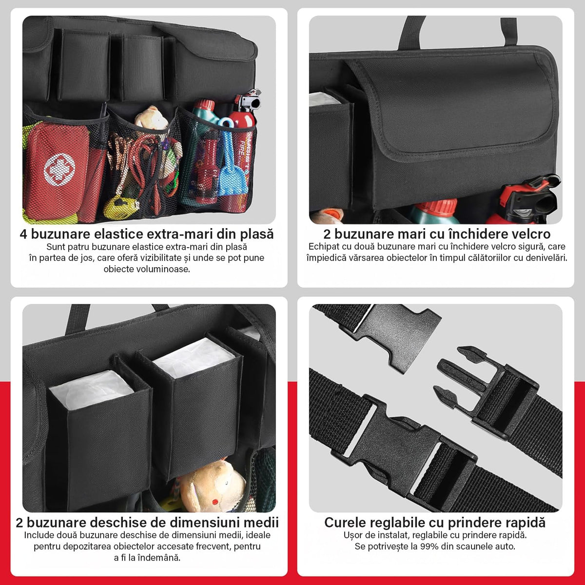 Organizator portbagaj auto suspendat NextWave®️, material Oxford 600D impermeabil, 8 buzunare incapatoare, benzi Velcro – imaginea 6