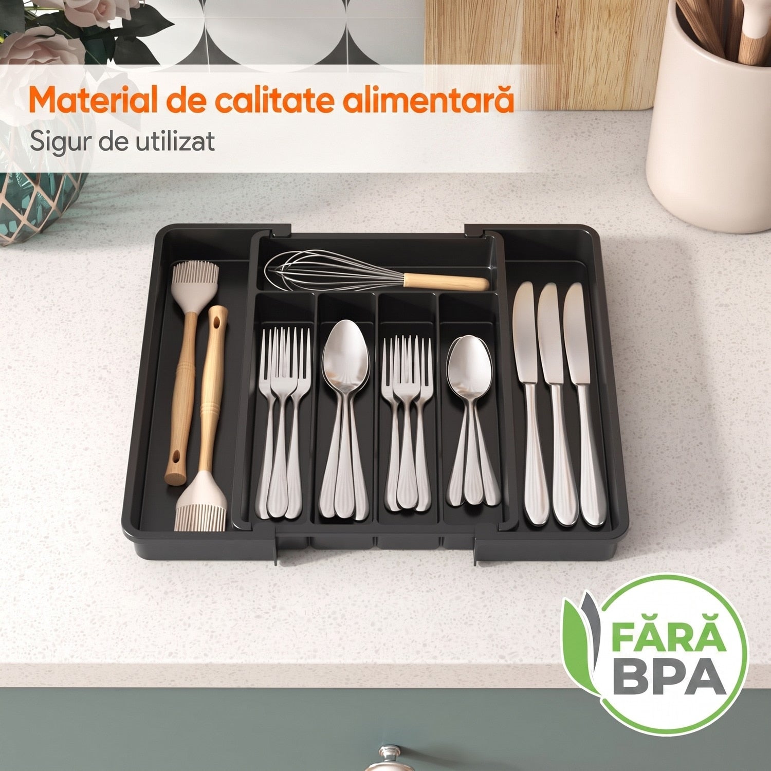 Organizator extensibil pentru tacamuri si ustensile de bucatarie NextWave® – suport sertar ajustabil 33–57 cm, cu 7–9 – imaginea 6