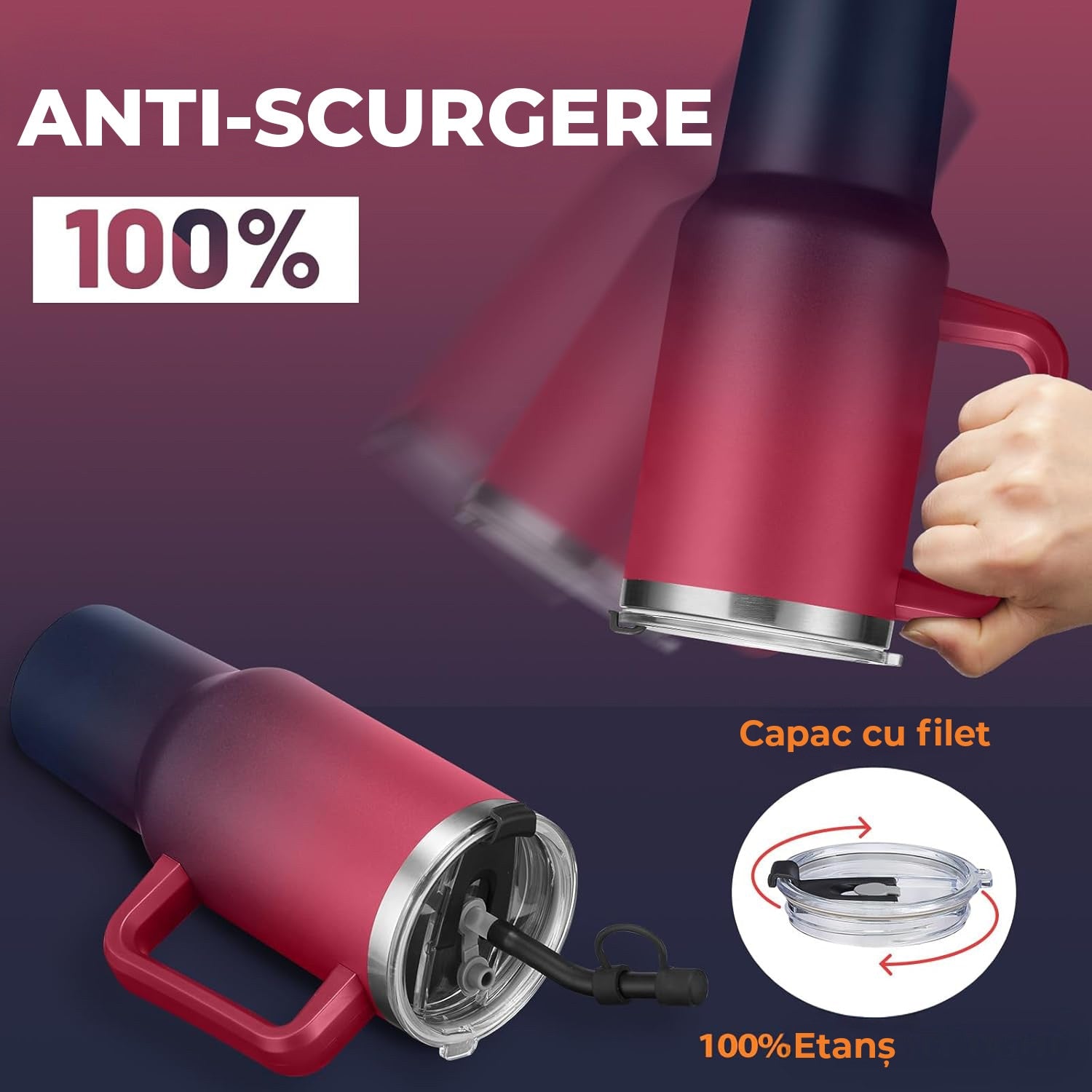 Cana termoizolanta NextWave® 1180 ml, din otel inoxidabil, cu pereti triplu izolati, capac 2 in 1 anti-scurgere, pai – imaginea 6