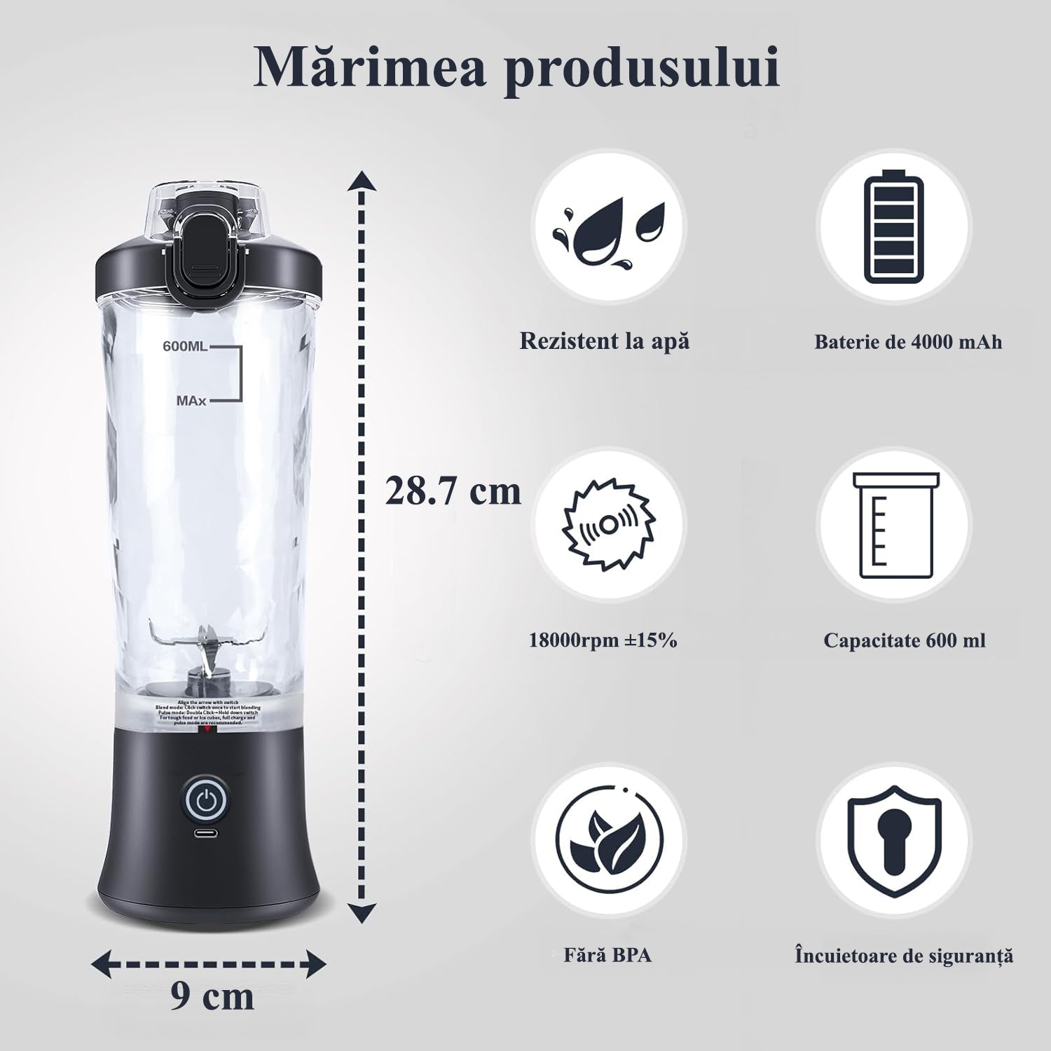 Mini Blender Electric Portabil NextWave™, Multifunctional, Auto-curatare, Autonomie Mare, Recipient detasabil cu capac – imaginea 6