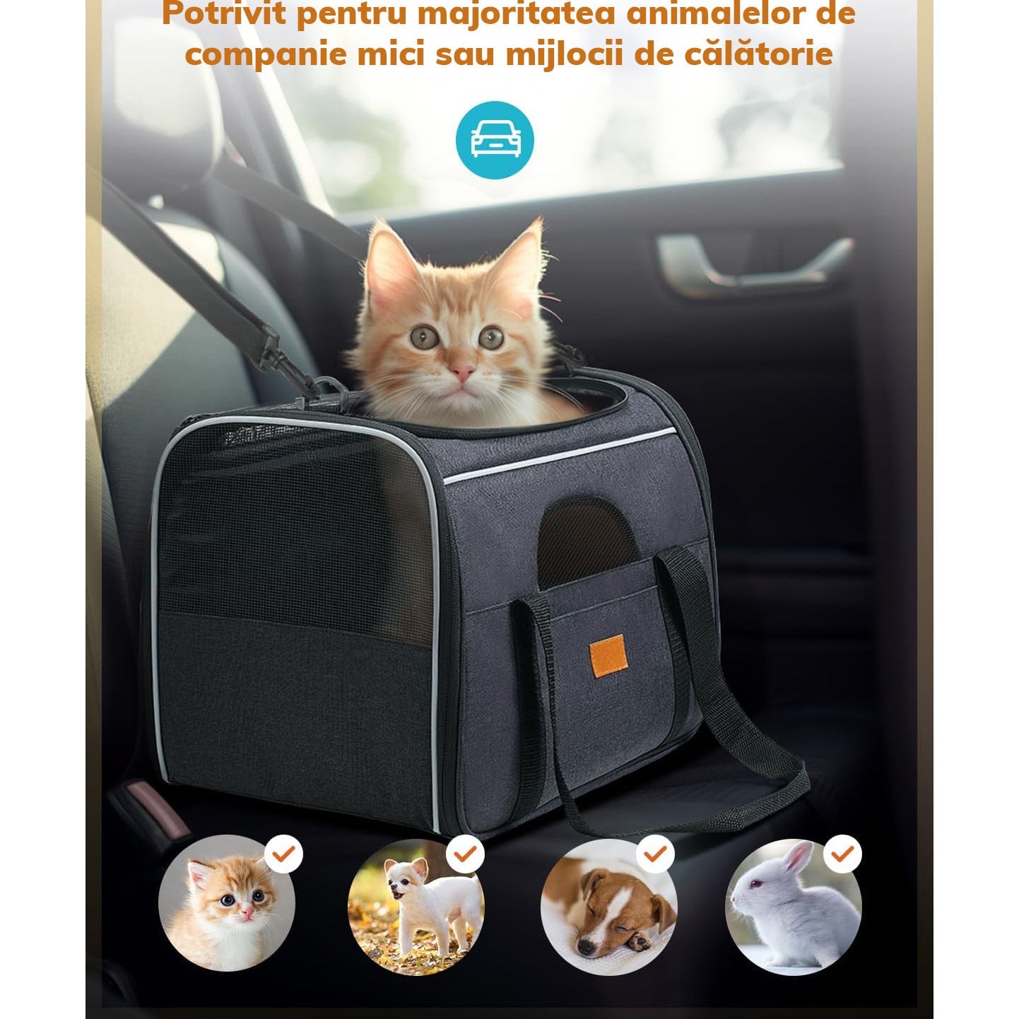 Geanta pentru transport animale mici NextWave®, pisica, caine, iepure, din panza, 45x35x33 cm, Baza rezistenta cu covoras – imaginea 6