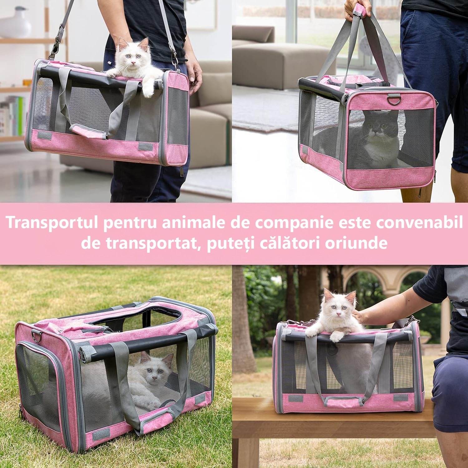 Geanta pentru transport animale mici NextWave®, pisica, caine, iepure, din panza, 46x30x30, Baza rezistenta cu covoras, Usor – imaginea 6