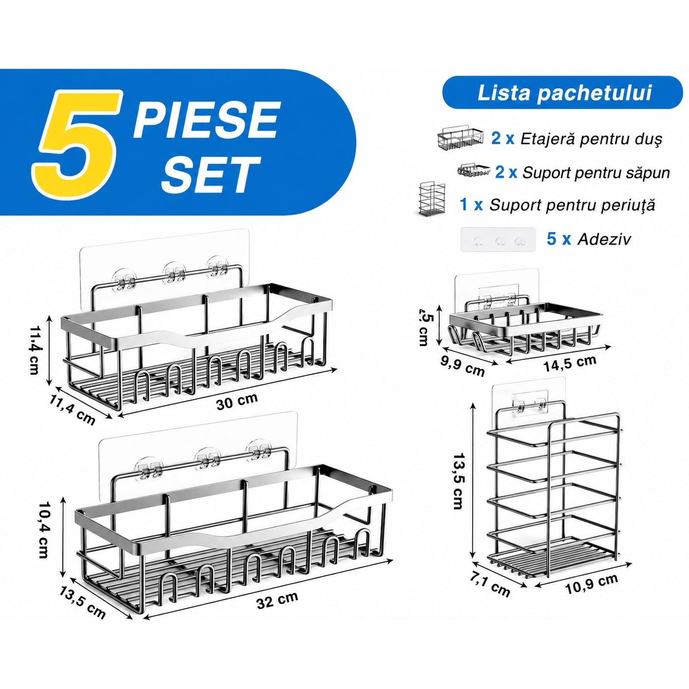Raft de Baie NextWave® la set, 5 piese cu 2 rafturi pentru dus, 2 suporturi pentru sapun si 1 suport pentru periute, din – imaginea 6