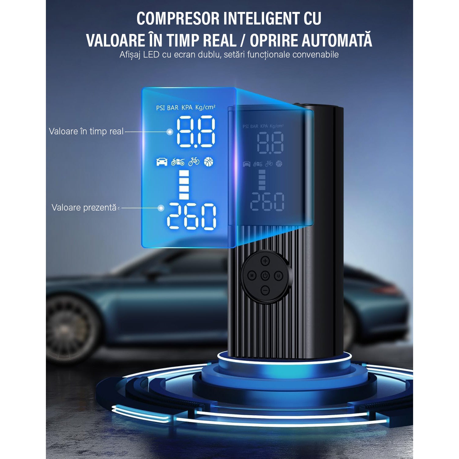 Compresor auto portabil digital NextWave®, baterie 7800 mAh reincarcabila, presiune 150 PSI, 4 moduri inteligente de – imaginea 6