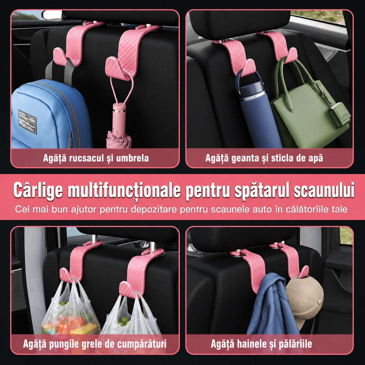 Set 4 Carlige Auto pentru Tetiera NextWave®, Organizator Universal Scaun Masina, Suport pentru Genti, Plase, Posete, Haine – imaginea 6