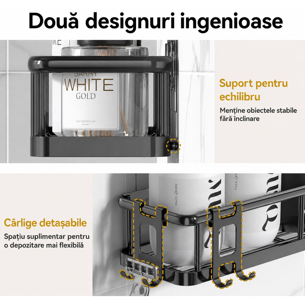Raft de baie NextWave® la set, 6 piese cu 3 etajere mari, 1 raft compact, suport pentru sapun si sistem cu carlige, montare – imaginea 6