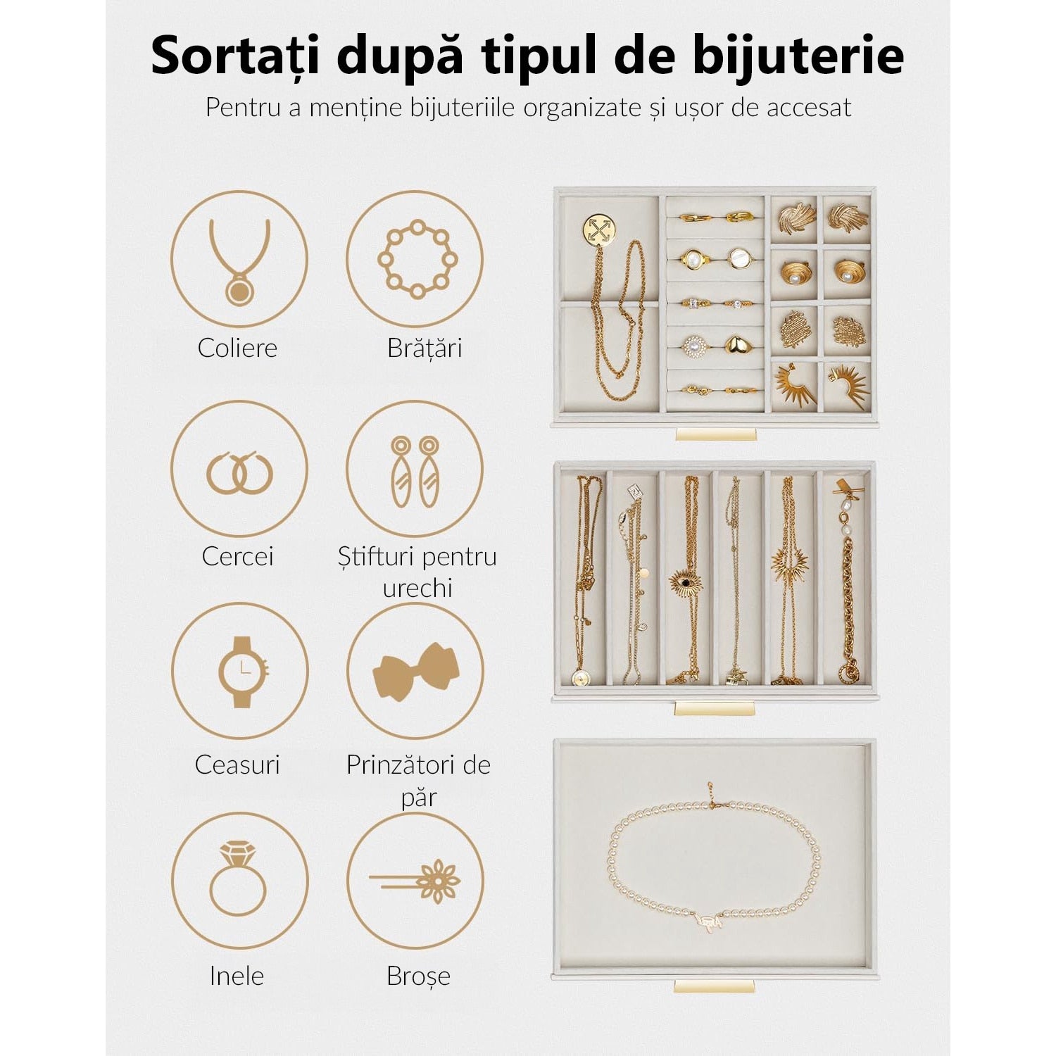 Cutie de bijuterii, organizator cu capac transparent, spatiu de depozitare 3 sertare pentru coliere, inele, cercei – imaginea 6
